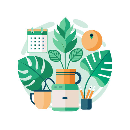 Flat Lay Illustration with Plant Calendar Location and Coffee Cup for Office Workspaceのイラスト素材