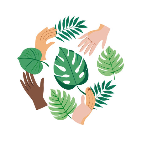Diversity hands holding tropical leaves, showcasing environmental care and botanical connection in a circle on white background.のイラスト素材