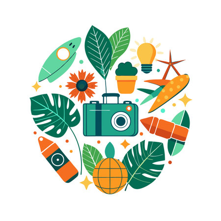 Summer Vacation Flat Design Elements Arranged in a Circle on White Backgroundのイラスト素材