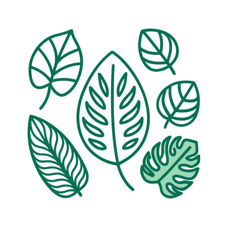Tropical Leaves Illustration with Line Art Style on a White Backgroundのイラスト素材