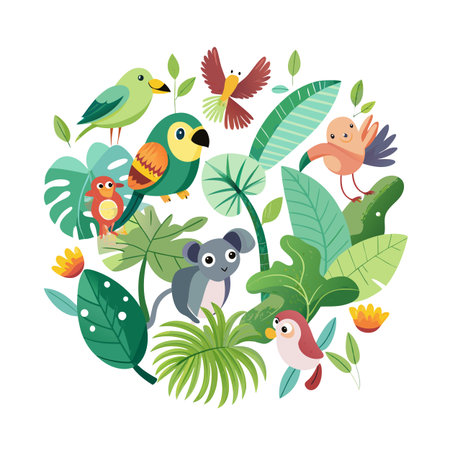 Tropical birds and koala surrounded by foliage and flowers in a circular arrangement on a white background.のイラスト素材