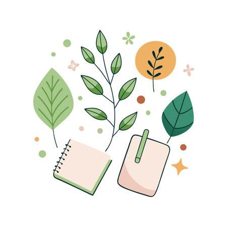 Botanical flat lay illustration with stationery and leaves, perfect for a spring-themed designのイラスト素材