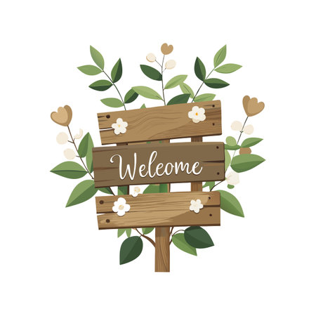 Stylized Wooden Welcome Sign Surrounded by Green Leaves and White and Brown Flowersのイラスト素材