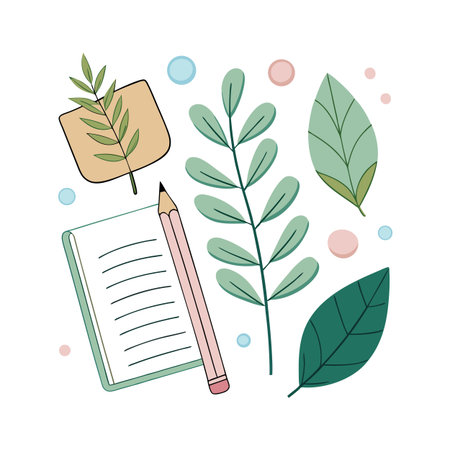Flat lay illustration of a notebook, pencil, and leaves on a white backgroundのイラスト素材