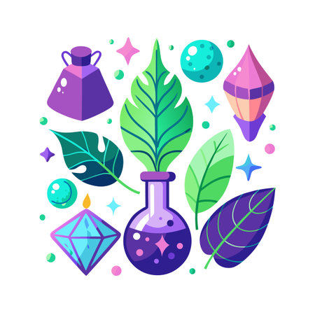 Botanical Potions and Gemstones Arrangement in Flat Design for Science and Magic Conceptsのイラスト素材