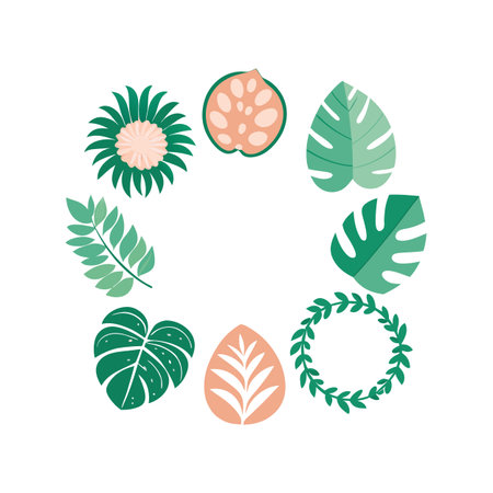 Botanical Circle Frame with Tropical Leaves and Flower in Green and Peach Tonesのイラスト素材