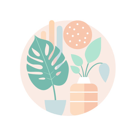 Minimalist Plant Arrangement in Muted Tones - Abstract Shapes and Natural Elements Compositionのイラスト素材