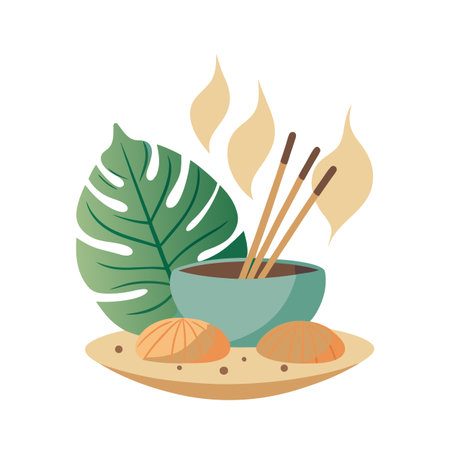 Aromatic incense sticks in a bowl with seashells and leaf on a light backdropのイラスト素材