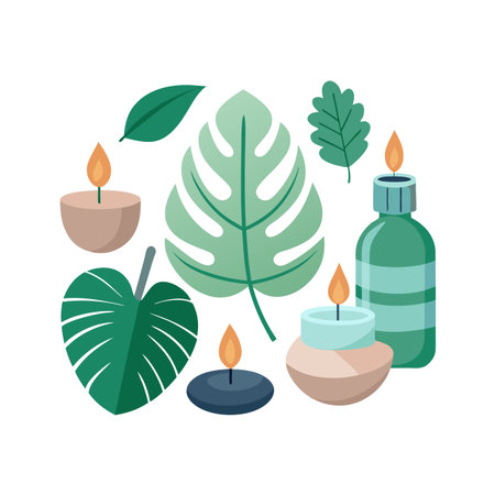 Minimalist Spa Still Life: Tropical Leaves and Lit Candles for Relaxationのイラスト素材