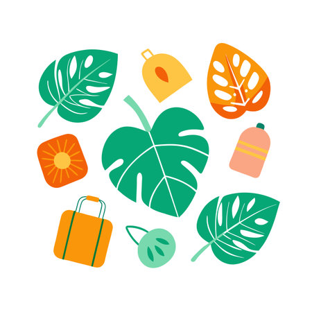 Flat Lay Tropical Vacation Elements Illustration on White Background, Minimalist Designのイラスト素材