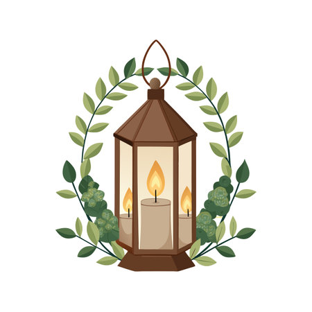 Brown Lantern with Candles and Greenery Wreath Illustration for Decor and Invitationsのイラスト素材