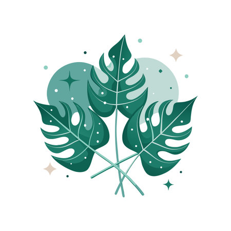 Three monstera leaves in stylized arrangement with soft pastel colors over a white background.のイラスト素材