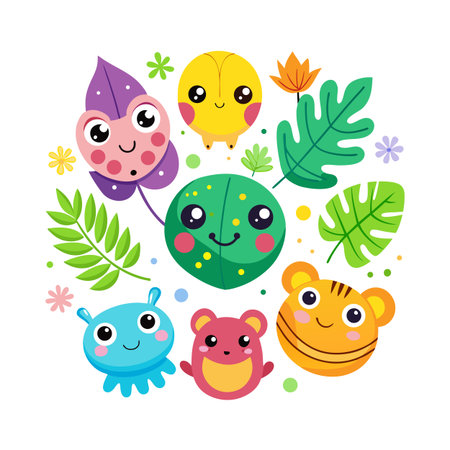 Cartoon characters and botanical elements arranged in a circular design on a white backgroundのイラスト素材
