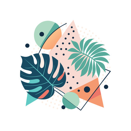 Modern Abstract Composition with Tropical Leaves and Geometric Shapes for Creative Backgroundsのイラスト素材