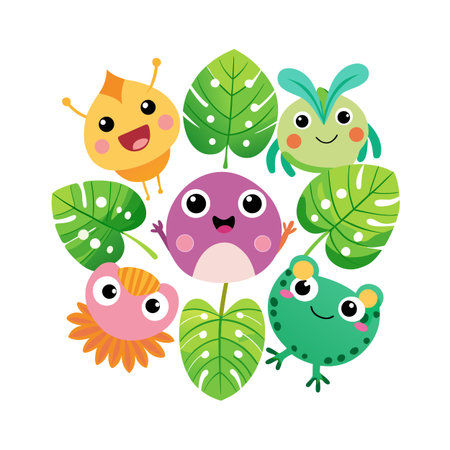Cartoon characters and tropical leaves arranged in a circular pattern on white backdropのイラスト素材