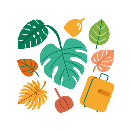 Flat vector illustration of tropical leaves with suitcase for travel and vacation themeのイラスト素材