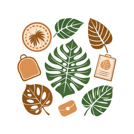 Illustrated Tropical Leaves and Daily Objects in Circular Arrangement on White Backgroundのイラスト素材
