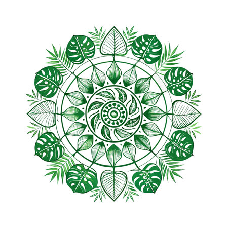 Symmetrical Mandala of Exotic Green Leaves on a White Background for Design Projectsのイラスト素材