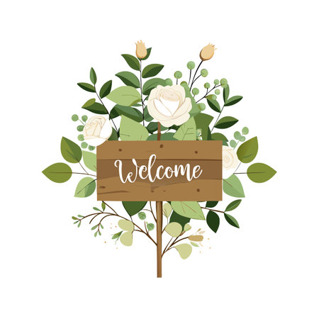 Floral Welcome Sign: Rustic Wood Board with Roses and Greenery on White Backgroundのイラスト素材