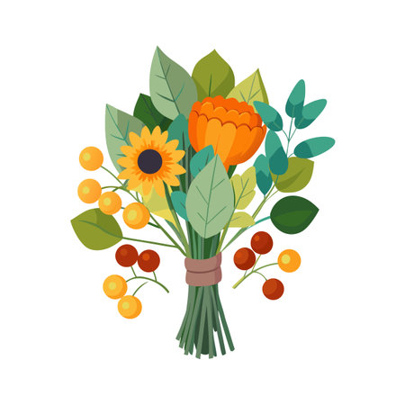 Bright floral bouquet with orange and yellow flowers and green leaves tied with ropeのイラスト素材