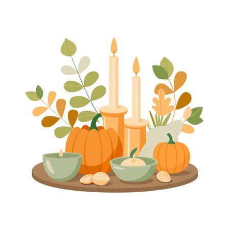Festive Autumn Arrangement with Pumpkins, Candles, and Foliage on Wooden Plateのイラスト素材