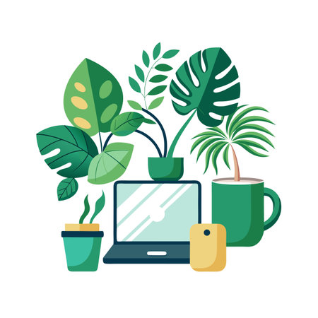 Workspace with laptop, plants, phone and mug. Home office arrangement, vector illustrationのイラスト素材