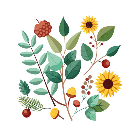 Autumn botanical arrangement with sunflowers, berries, and leaves on a white backgroundのイラスト素材