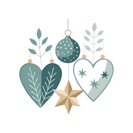 Festive Holiday Ornaments with Hearts, Star, and Bauble on White Backgroundのイラスト素材