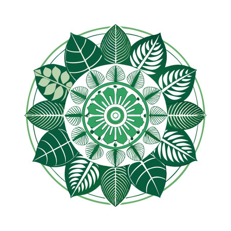 Green Leaves Mandala Design, Botanical Pattern, Nature Circular Illustrationのイラスト素材