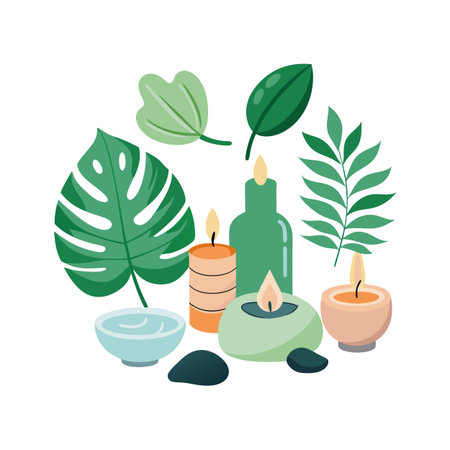Spa relaxation still life featuring candles, tropical leaves and smooth stones arranged on whiteのイラスト素材