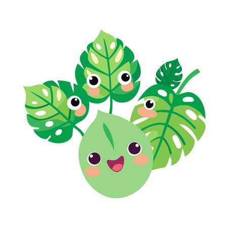 Cartoon tropical leaves with kawaii faces, representing nature, happiness and fun for children and design productsのイラスト素材