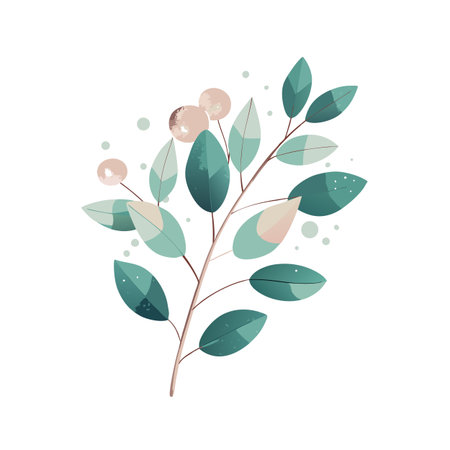 Elegant botanical illustration featuring a branch with teal leaves and blush berries, isolated on whiteのイラスト素材