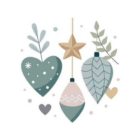 Pastel Christmas Ornaments Hanging with Foliage for Holiday Decoration Graphic Elementのイラスト素材