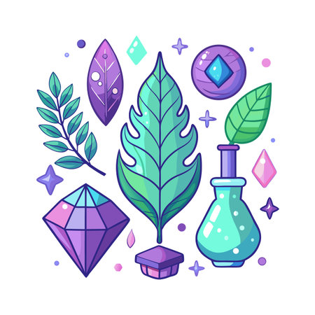 Pastel Magic: Cartoon Arrangement of Botanical Elements and Gemstonesのイラスト素材