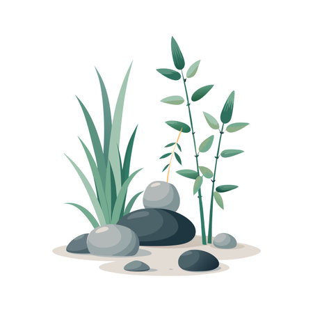 Zen Garden Still Life: Serene Arrangement of Plants and Smooth Stones in Peaceful Harmonyのイラスト素材