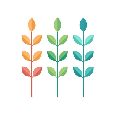 Three stylized plants with leaves in warm, fresh and cool color palettes on a clean white backgroundのイラスト素材