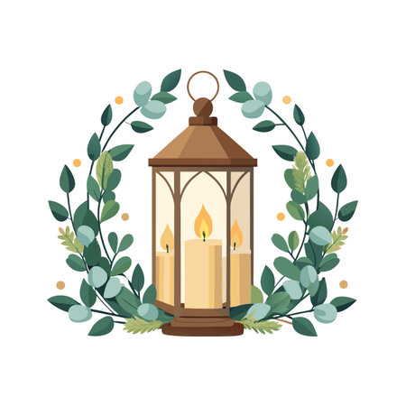 Decorative lantern surrounded by a eucalyptus wreath featuring three lit candles insideのイラスト素材