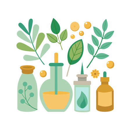 Botanical skincare product ingredients concept featuring bottles and leaves on white backgroundのイラスト素材
