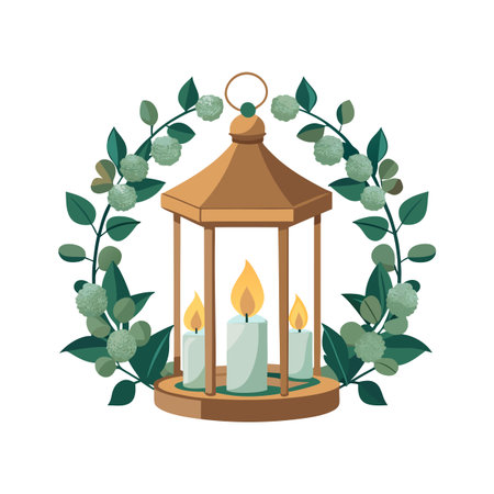 Lantern with Candles and Greenery Wreath Vector Illustration, Festive Decorative Elementのイラスト素材