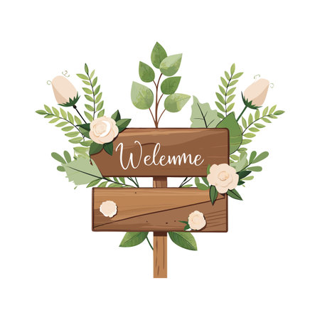 Stylized Welcome Sign with Floral Accents, Wooden Texture, and Natural Elementsのイラスト素材