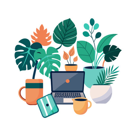 Stylish Home Office Setup with Laptop, Plants and Coffee Cups in a Minimalist Designのイラスト素材
