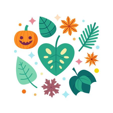Flat Design Autumn and Halloween Icon Set with Pumpkin and Assorted Seasonal Leavesのイラスト素材