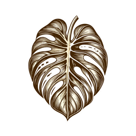Detailed Monstera Leaf Illustration with Intricate Veining and Perforations on a White Backgroundのイラスト素材