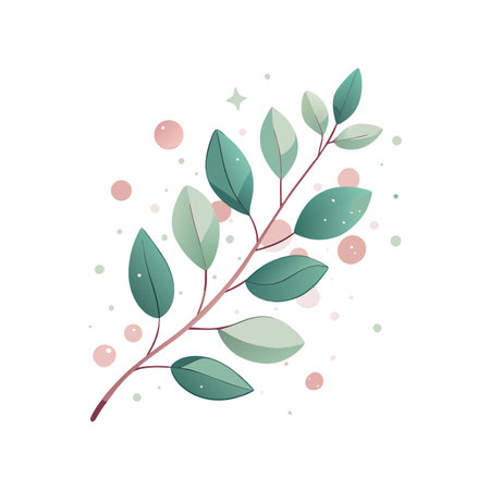 Elegant branch with green leaves and gentle abstract shapes on white background illustrationのイラスト素材