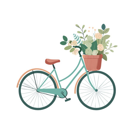 Pastel Bicycle with Flower Basket, Flat Illustration Style for Spring or Summer Designsのイラスト素材