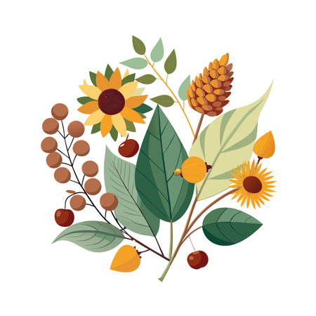 Floral Bouquet with Sunflowers, Berries, and Leaves on a White Backgroundのイラスト素材