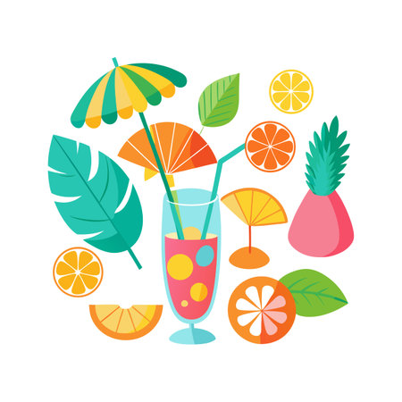 Tropical Cocktail Composition with Citrus and Pineapple on White Backgroundのイラスト素材