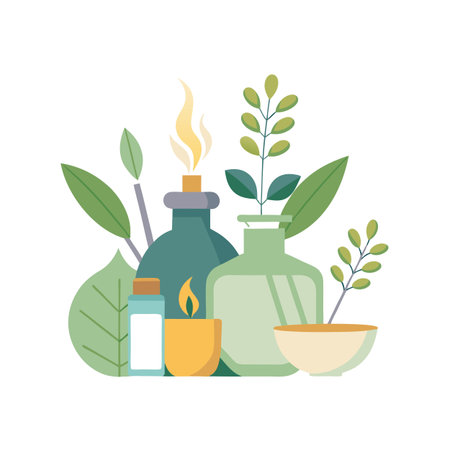 Natural wellness illustration showcasing aromatherapy oils, candles and green plants for relaxation and spa themesのイラスト素材