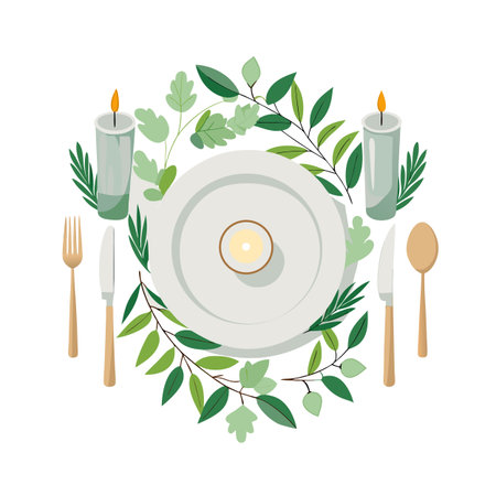 Elegant Table Setting with Candles and Greenery Wreath for Special Occasionsのイラスト素材