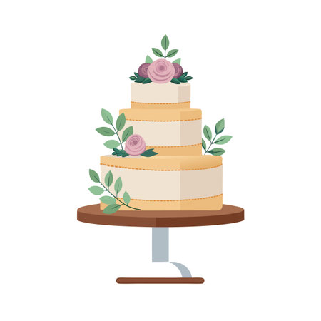 Elegant Three-Tiered Cake on Stand with Floral Accents, Ideal for Wedding or Celebrationのイラスト素材
